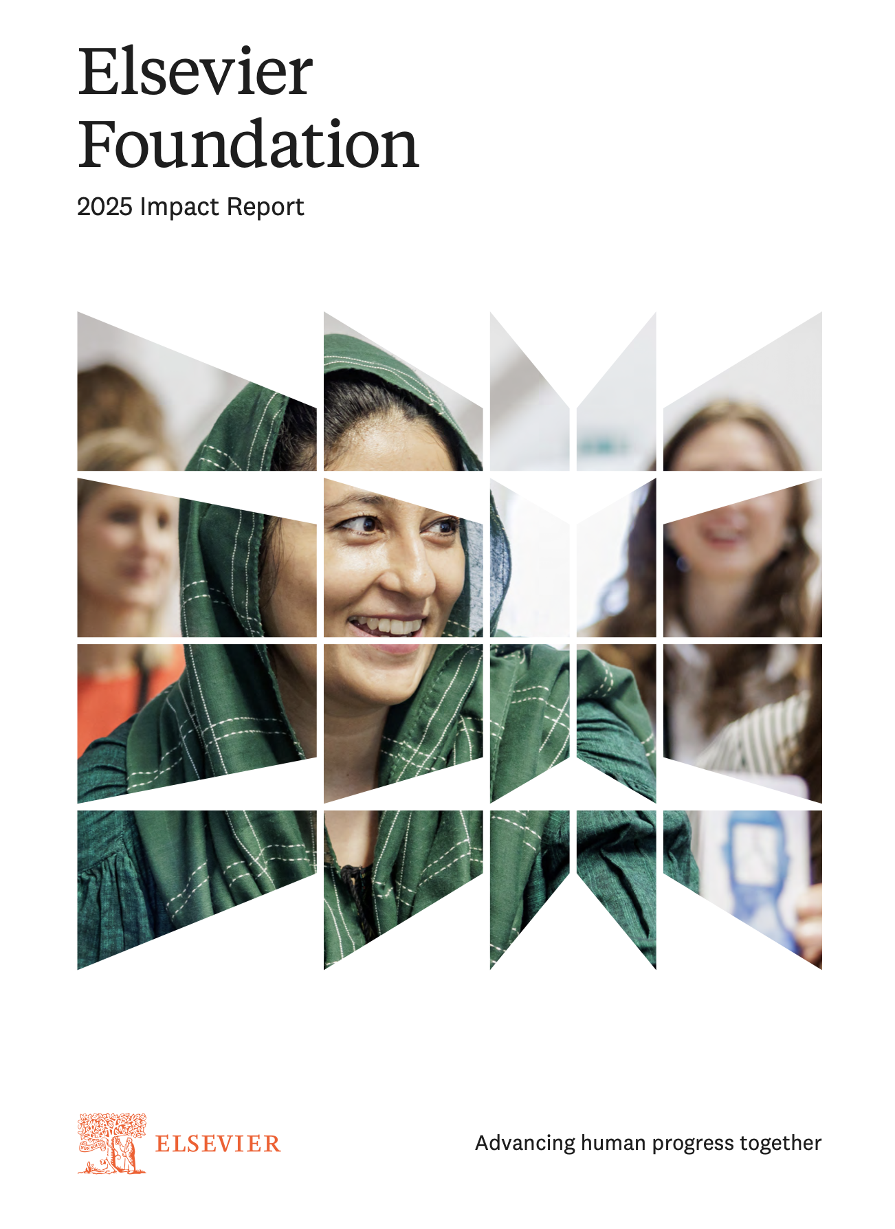 Image of a woman wearing a green headscarf and smiling, with text "Elsevier Foundation 2025 Impact Report." Elsevier logo included.